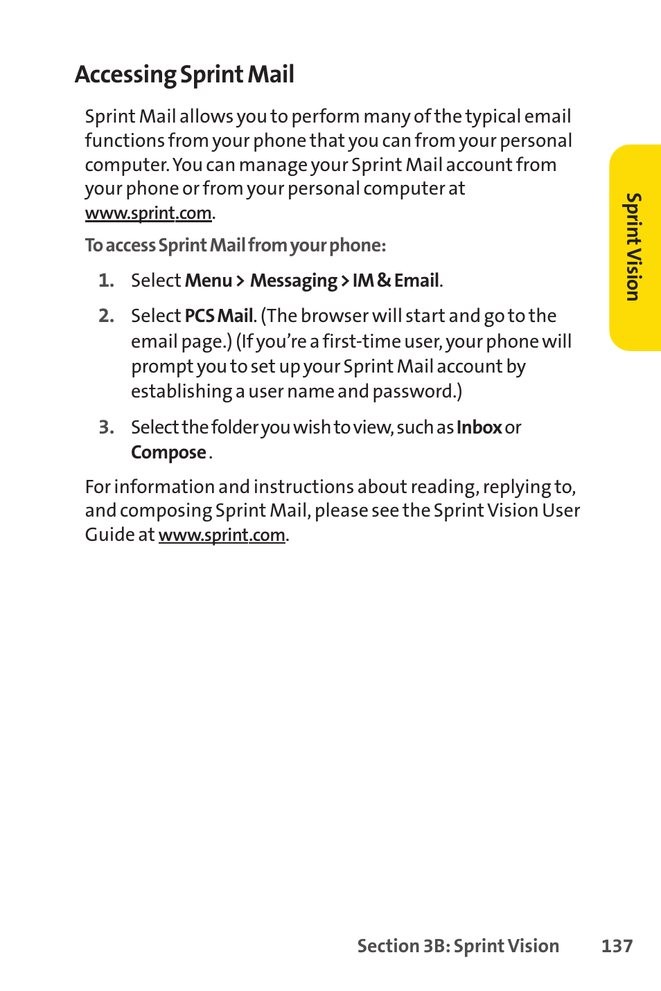 Accessing sprint mail | Sprint Nextel LX160 User Manual | Page 149 / 185