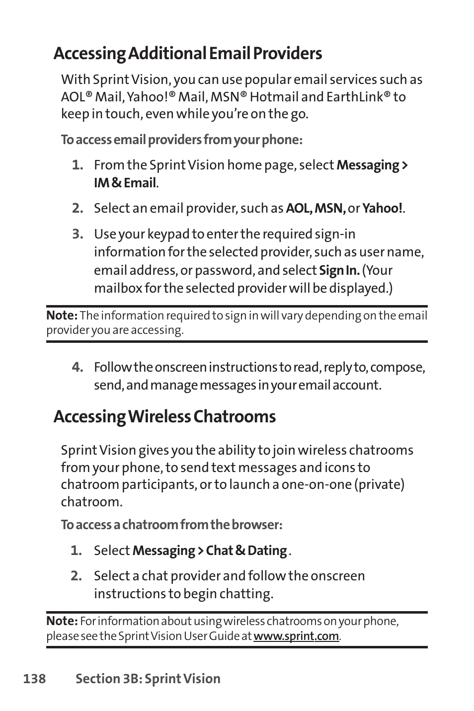 Accessing additional email providers, Accessing wireless chatrooms | Sprint Nextel LX160 User Manual | Page 150 / 185