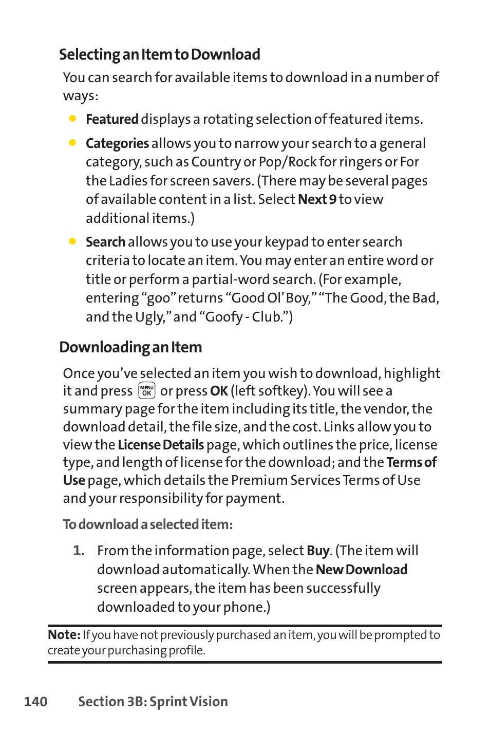 Selecting an item to download, Downloading an item | Sprint Nextel LX160 User Manual | Page 152 / 185