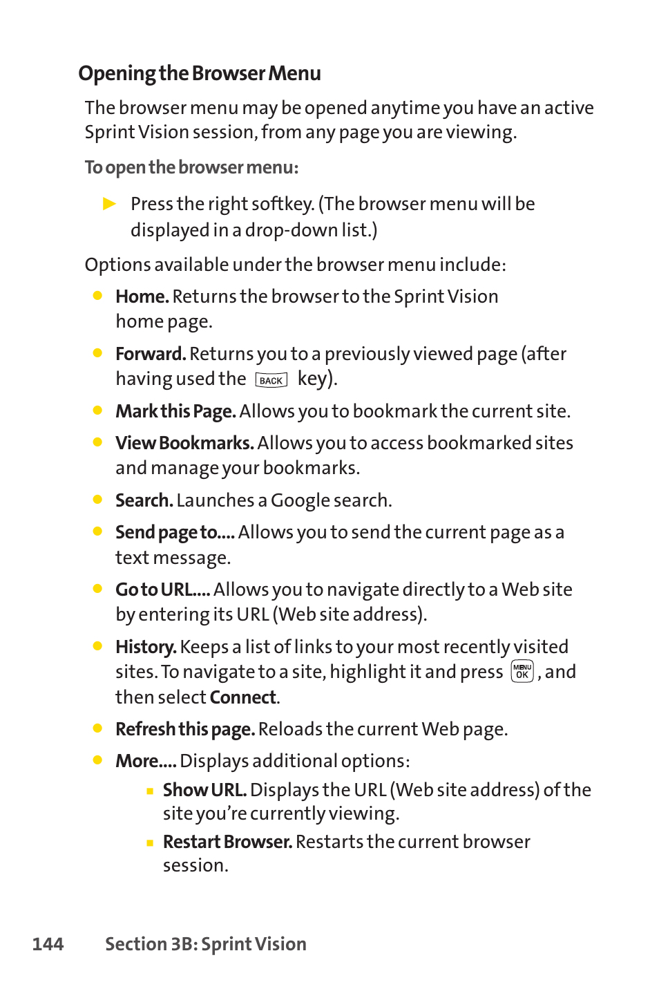 Opening the browser menu, Key) | Sprint Nextel LX160 User Manual | Page 156 / 185