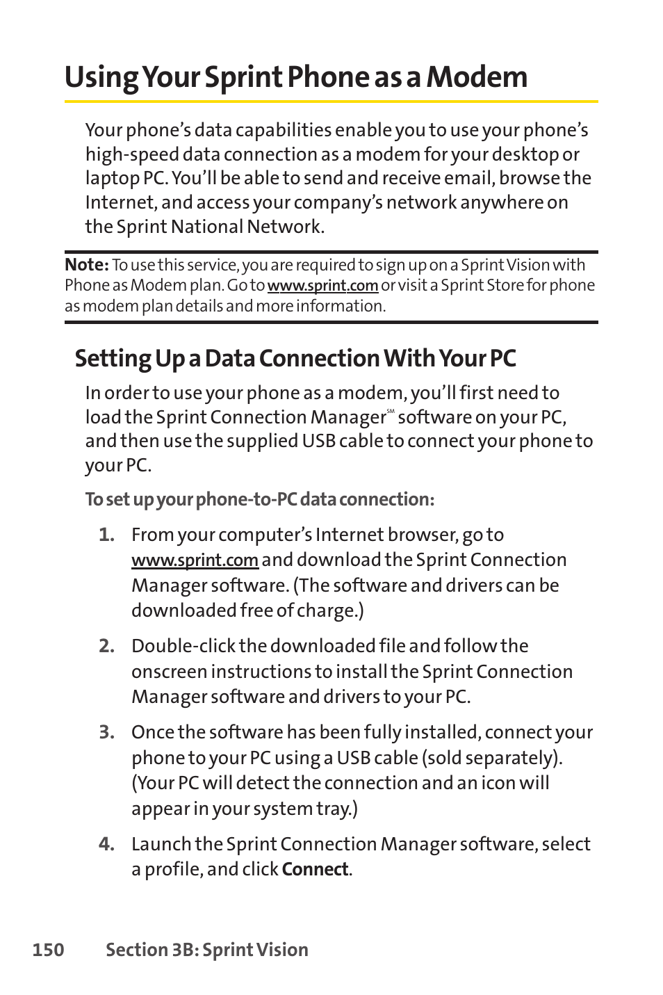 Using your sprint phone as a modem, Setting up a data connection with your pc | Sprint Nextel LX160 User Manual | Page 162 / 185