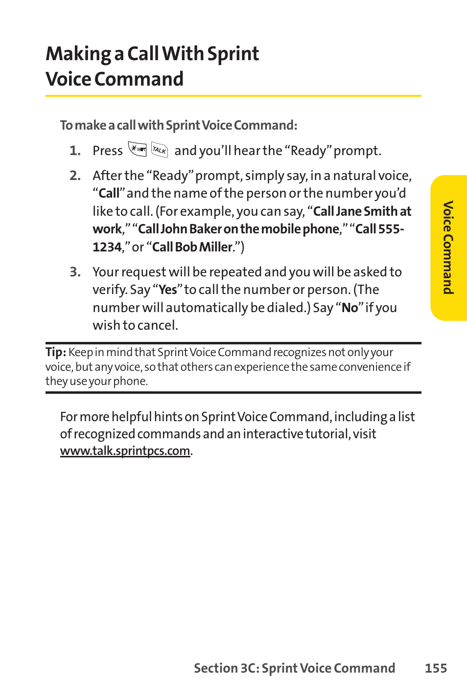 Making a call with sprint voice command | Sprint Nextel LX160 User Manual | Page 167 / 185