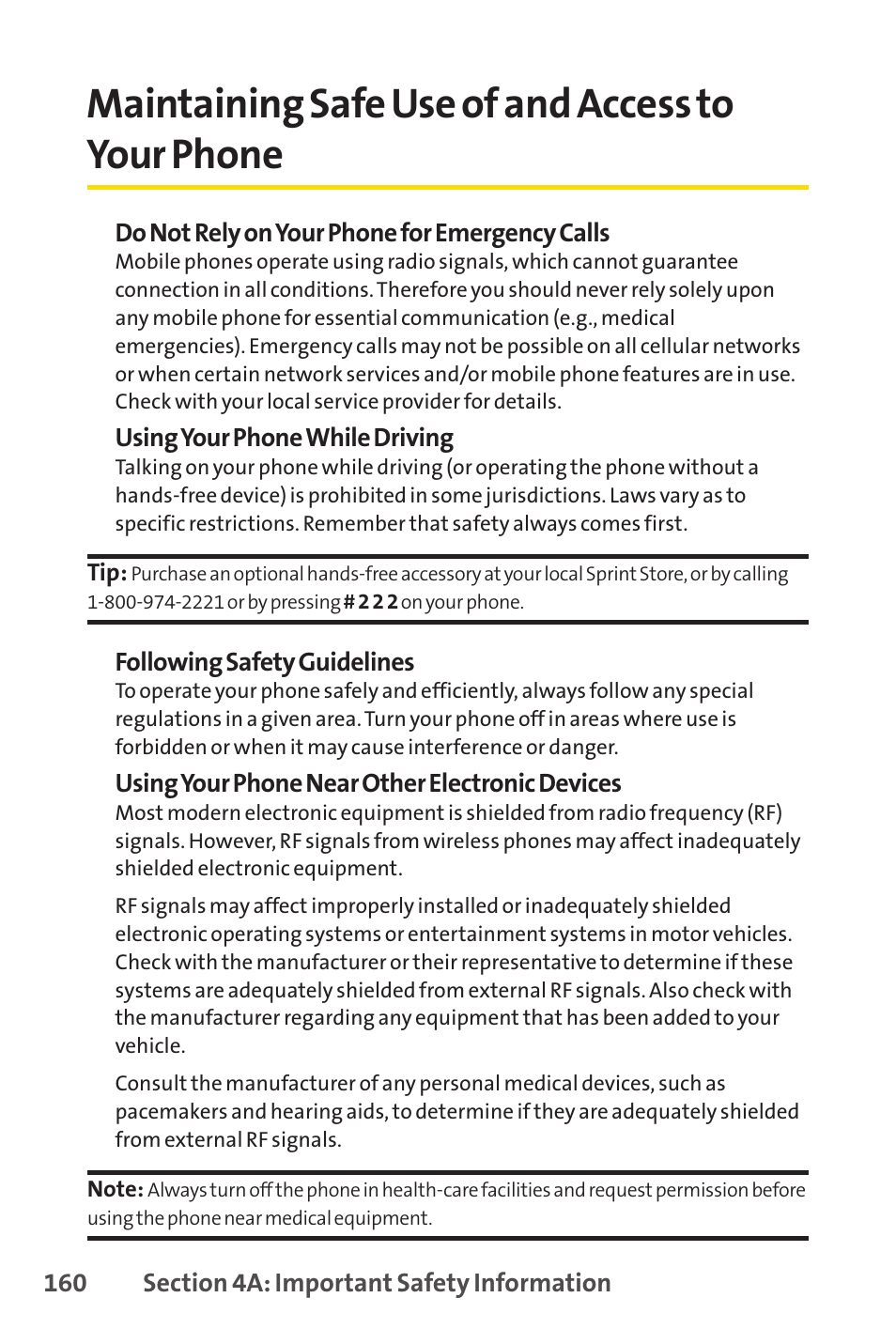 Maintaining safe use of and access to your phone | Sprint Nextel LX160 User Manual | Page 172 / 185