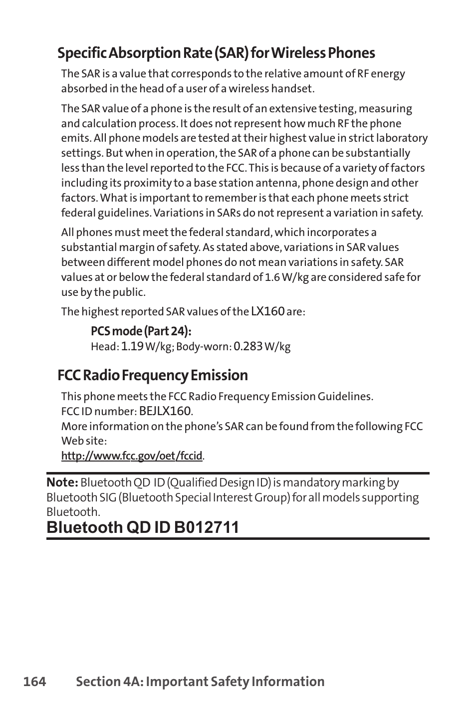 Specific absorption rate (sar) for wireless phones, Fcc radio frequency emission | Sprint Nextel LX160 User Manual | Page 176 / 185