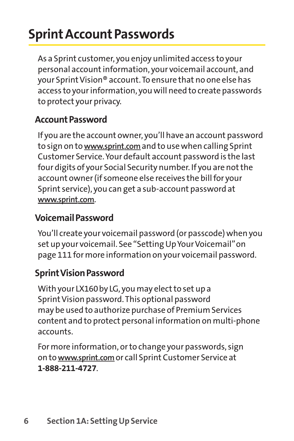 Sprint account passwords | Sprint Nextel LX160 User Manual | Page 18 / 185