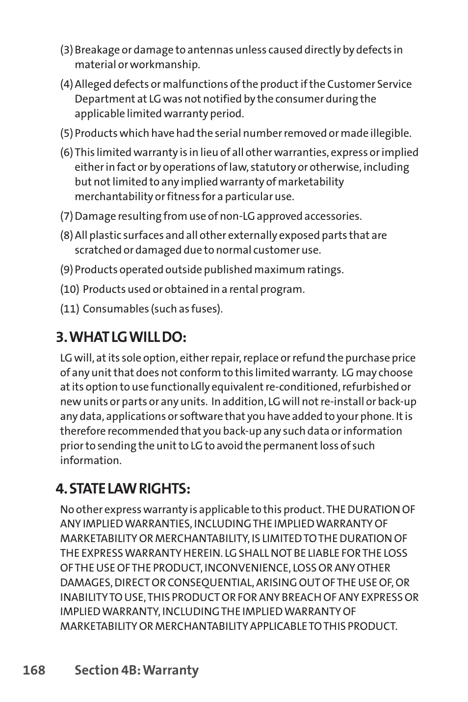 What lg will do, State law rights | Sprint Nextel LX160 User Manual | Page 180 / 185