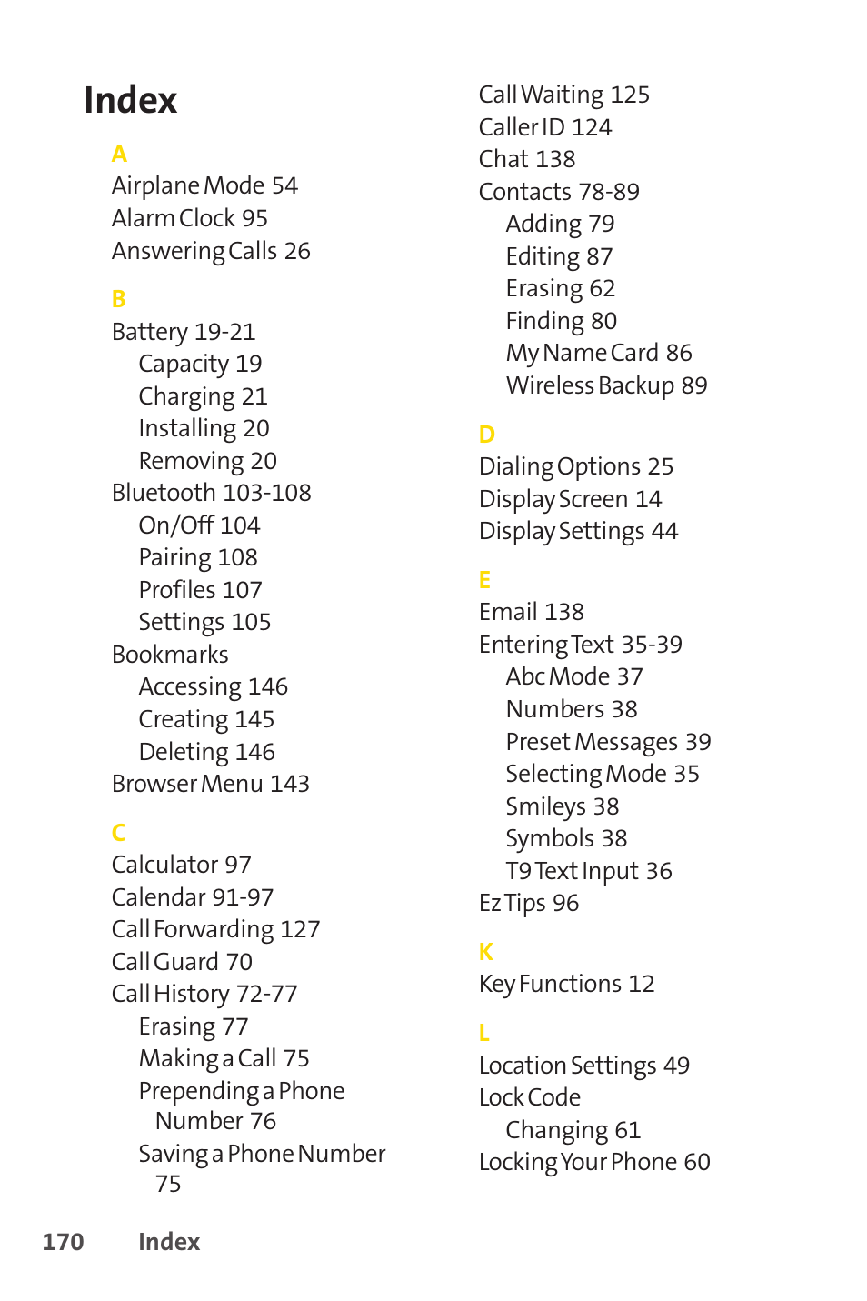 Index | Sprint Nextel LX160 User Manual | Page 182 / 185