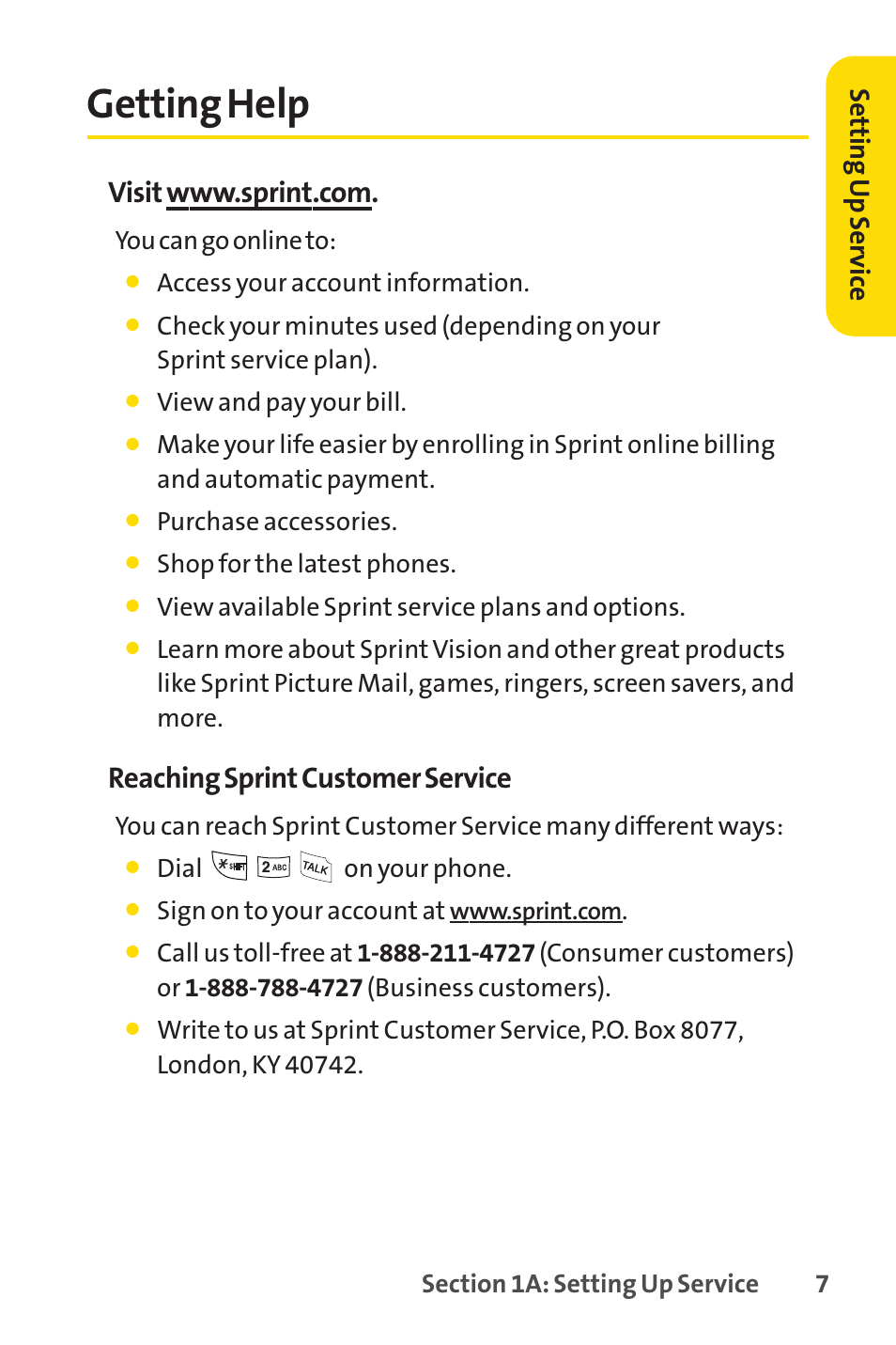 Getting help, Reaching sprint customer service, Setting up ser vice | Sprint Nextel LX160 User Manual | Page 19 / 185