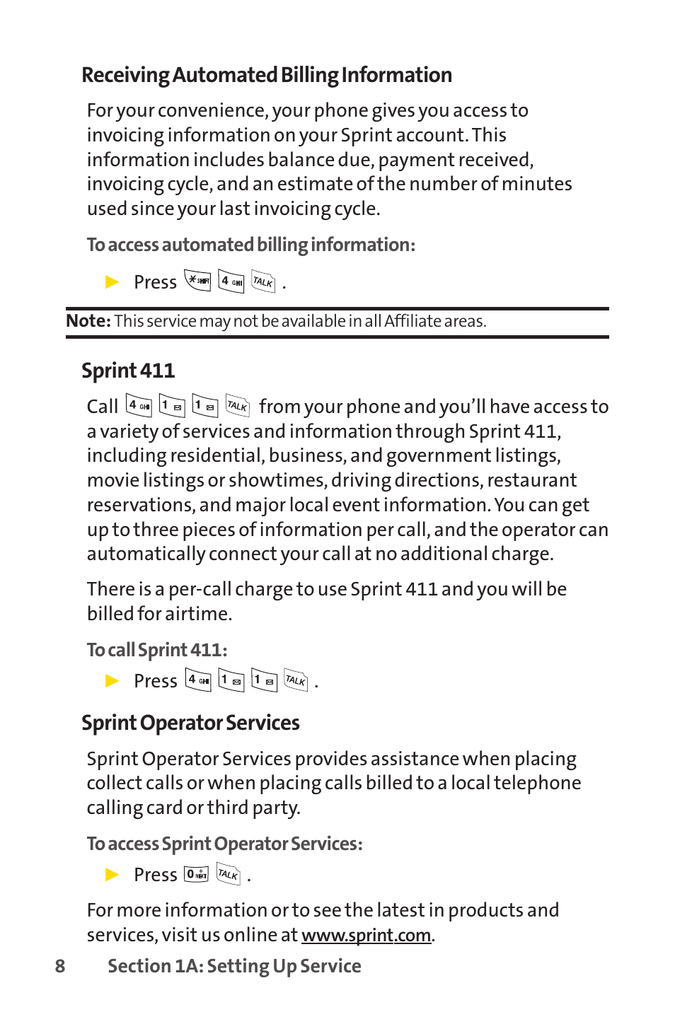 Receiving automated billing information, Sprint 411, Sprint operator services | Sprint Nextel LX160 User Manual | Page 20 / 185