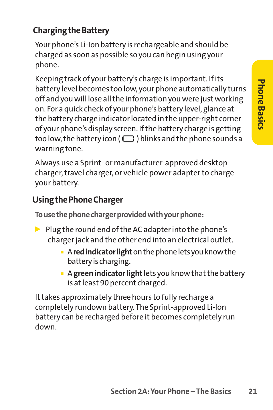 Phone basics, Charging the battery, Using the phone charger | Sprint Nextel LX160 User Manual | Page 33 / 185