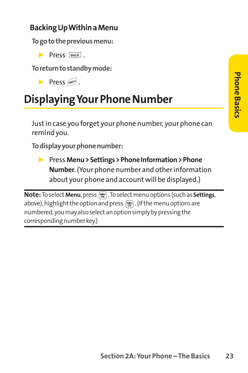 Displayingyour phone number, Phone basics, Backing up within a menu | Sprint Nextel LX160 User Manual | Page 35 / 185