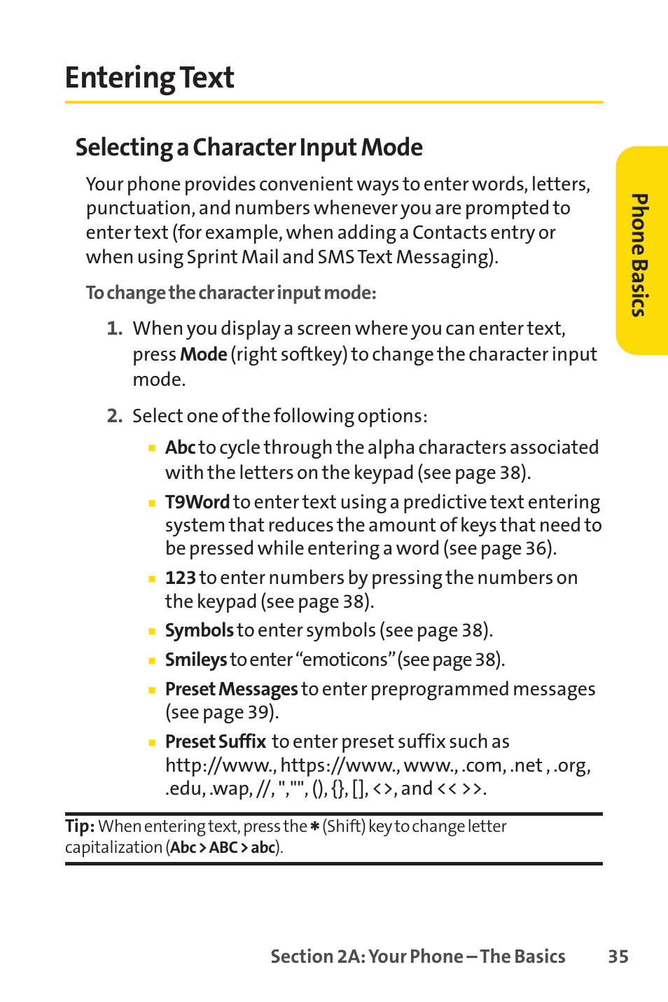 Entering text, Selecting a character input mode, Phone basics | Sprint Nextel LX160 User Manual | Page 47 / 185