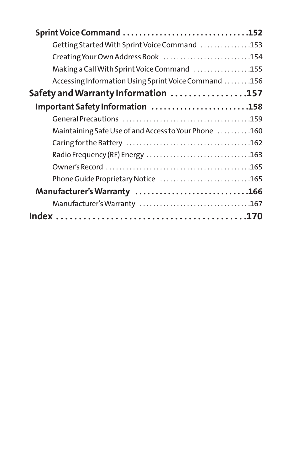 Safety and warranty information, Index | Sprint Nextel LX160 User Manual | Page 5 / 185