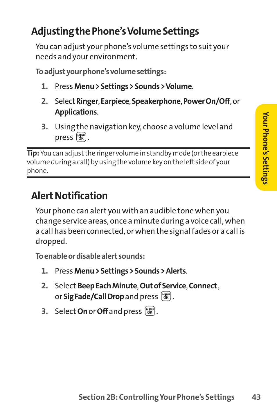 Adjusting the phone’s volume settings, Alert notification | Sprint Nextel LX160 User Manual | Page 55 / 185