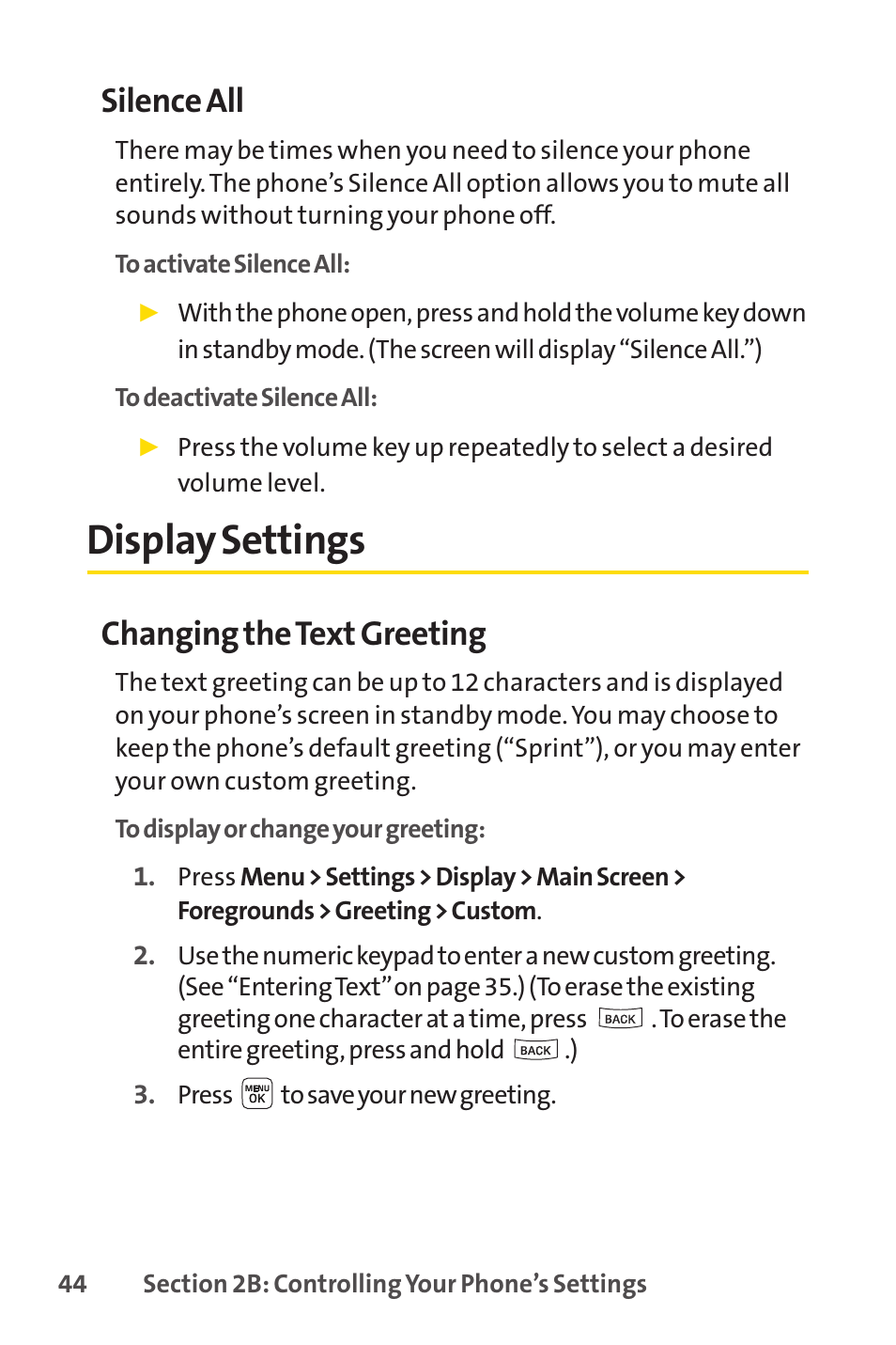 Display settings, Silence all, Changing the text greeting | Sprint Nextel LX160 User Manual | Page 56 / 185