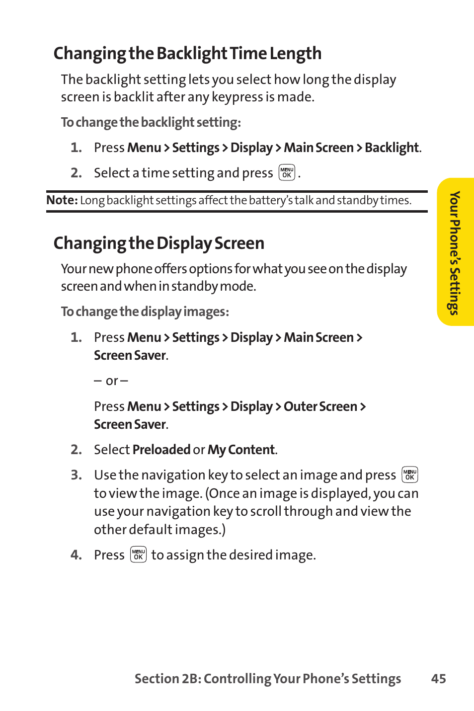 Changing the backlighttime length, Changing the display screen | Sprint Nextel LX160 User Manual | Page 57 / 185