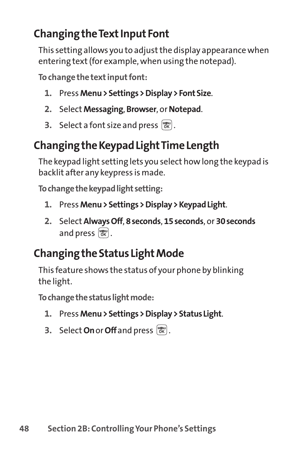 Changing the text input font, Changing the keypad lighttime length, Changing the status light mode | Sprint Nextel LX160 User Manual | Page 60 / 185