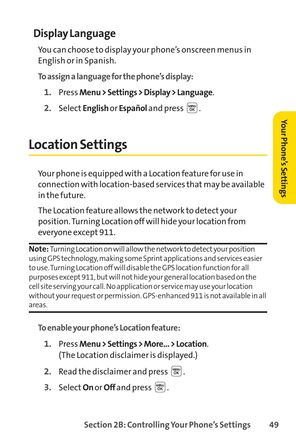 Location settings, Display language | Sprint Nextel LX160 User Manual | Page 61 / 185