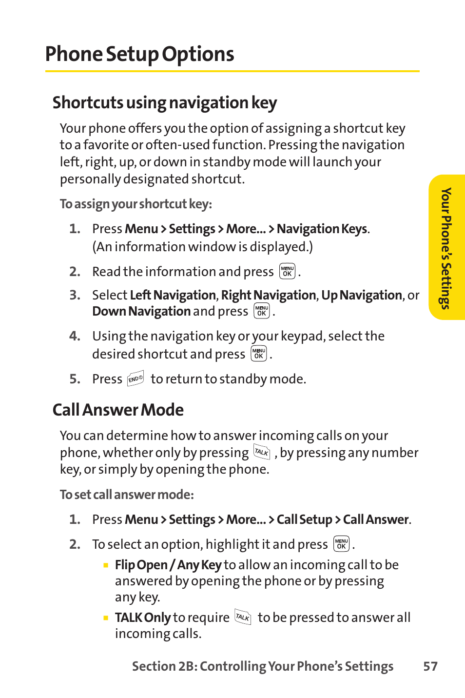 Phone setup options, Shortcuts using navigation key, Call answer mode | Sprint Nextel LX160 User Manual | Page 69 / 185