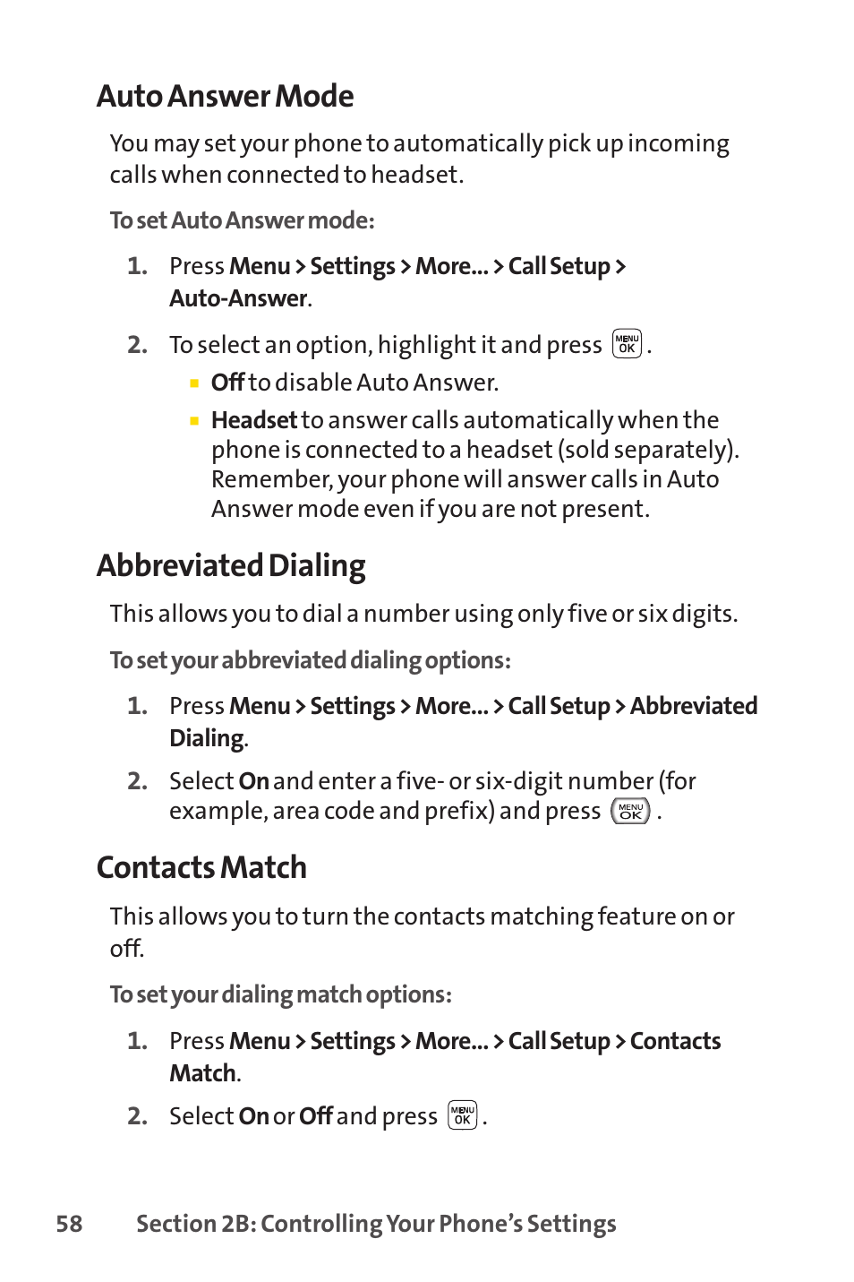 Auto answer mode, Abbreviated dialing, Contacts match | Sprint Nextel LX160 User Manual | Page 70 / 185