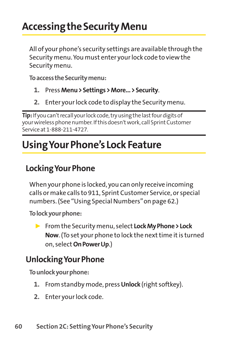 Accessing the security menu, Using your phone’s lock feature, Locking your phone | Unlocking your phone | Sprint Nextel LX160 User Manual | Page 72 / 185