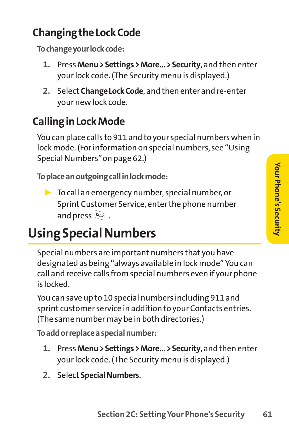 Using special numbers, Changing the lock code, Calling in lock mode | Sprint Nextel LX160 User Manual | Page 73 / 185