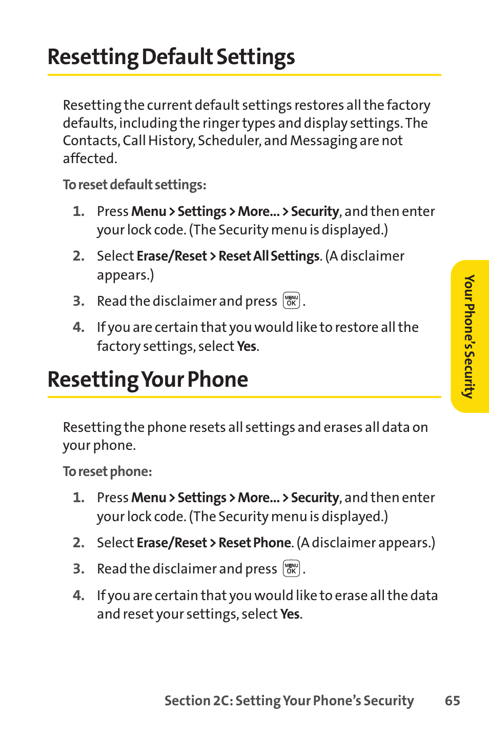 Resetting default settings, Resettingyour phone | Sprint Nextel LX160 User Manual | Page 77 / 185