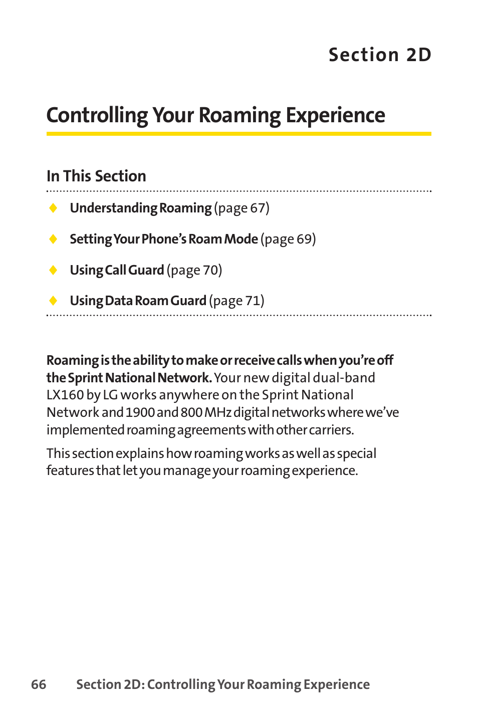 Controlling your roaming experience | Sprint Nextel LX160 User Manual | Page 78 / 185