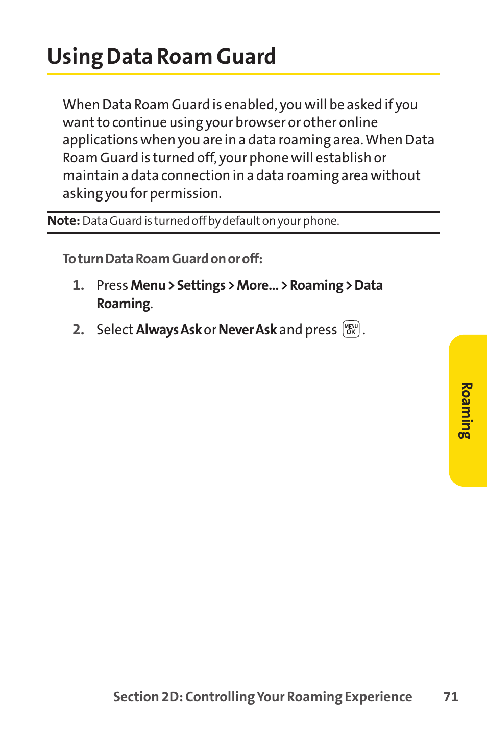 Using data roam guard | Sprint Nextel LX160 User Manual | Page 83 / 185