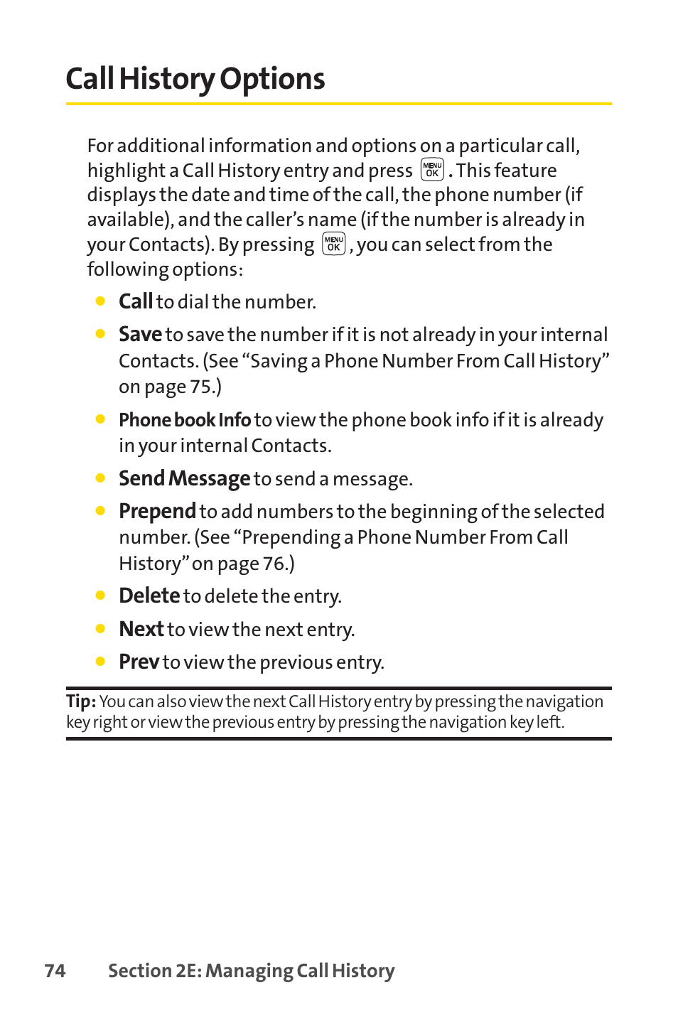 Call history options, Call, Save | Send message, Prepend, Delete, Next, Prev | Sprint Nextel LX160 User Manual | Page 86 / 185