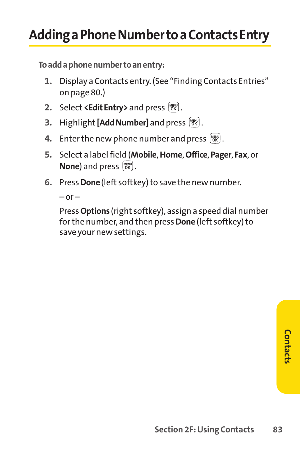 Adding a phone number to a contacts entry | Sprint Nextel LX160 User Manual | Page 95 / 185