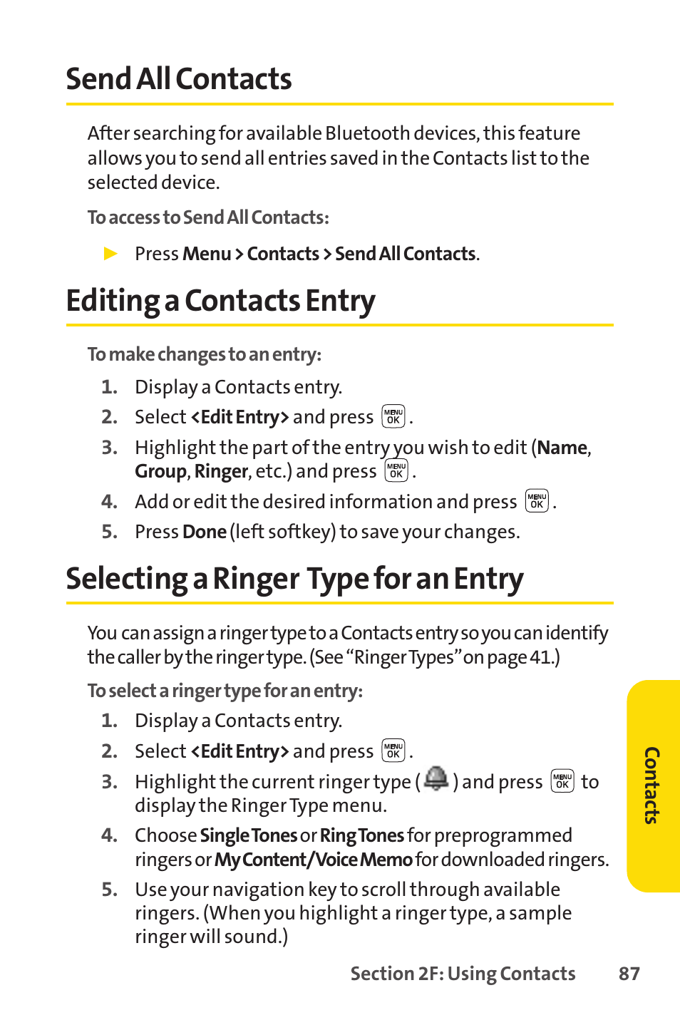 Send all contacts, Editing a contacts entry, Selecting a ringer type for an entry | Sprint Nextel LX160 User Manual | Page 99 / 185