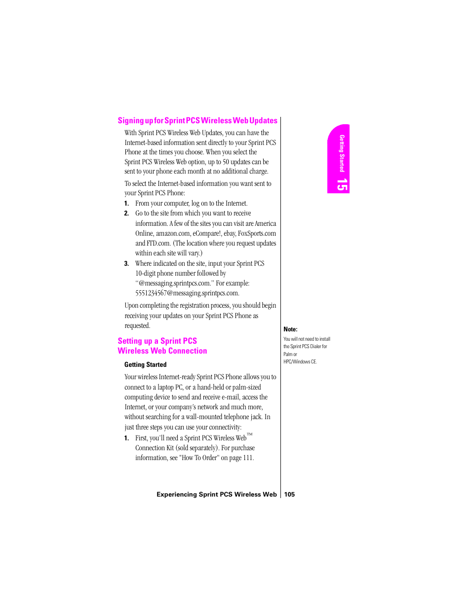 Signing up for sprint pcs wireless web updates, Setting up a sprint pcs wireless web connection | Samsung SPH-N200 User Manual | Page 107 / 152