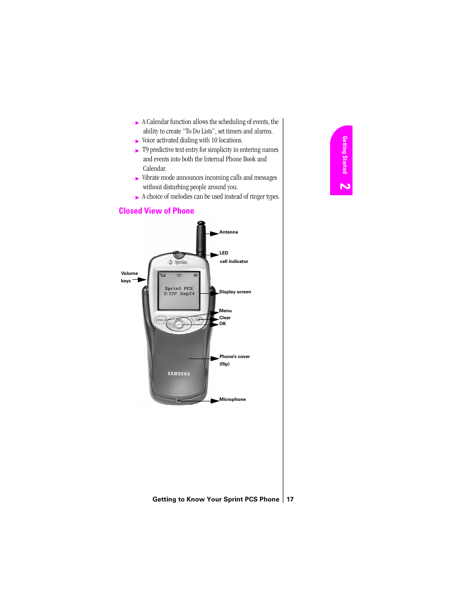 Closed view of the phone, Closed view of phone | Samsung SPH-N200 User Manual | Page 19 / 152