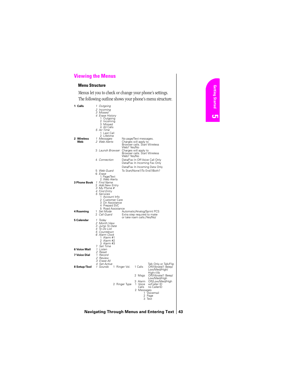 Viewing the menus | Samsung SPH-N200 User Manual | Page 45 / 152