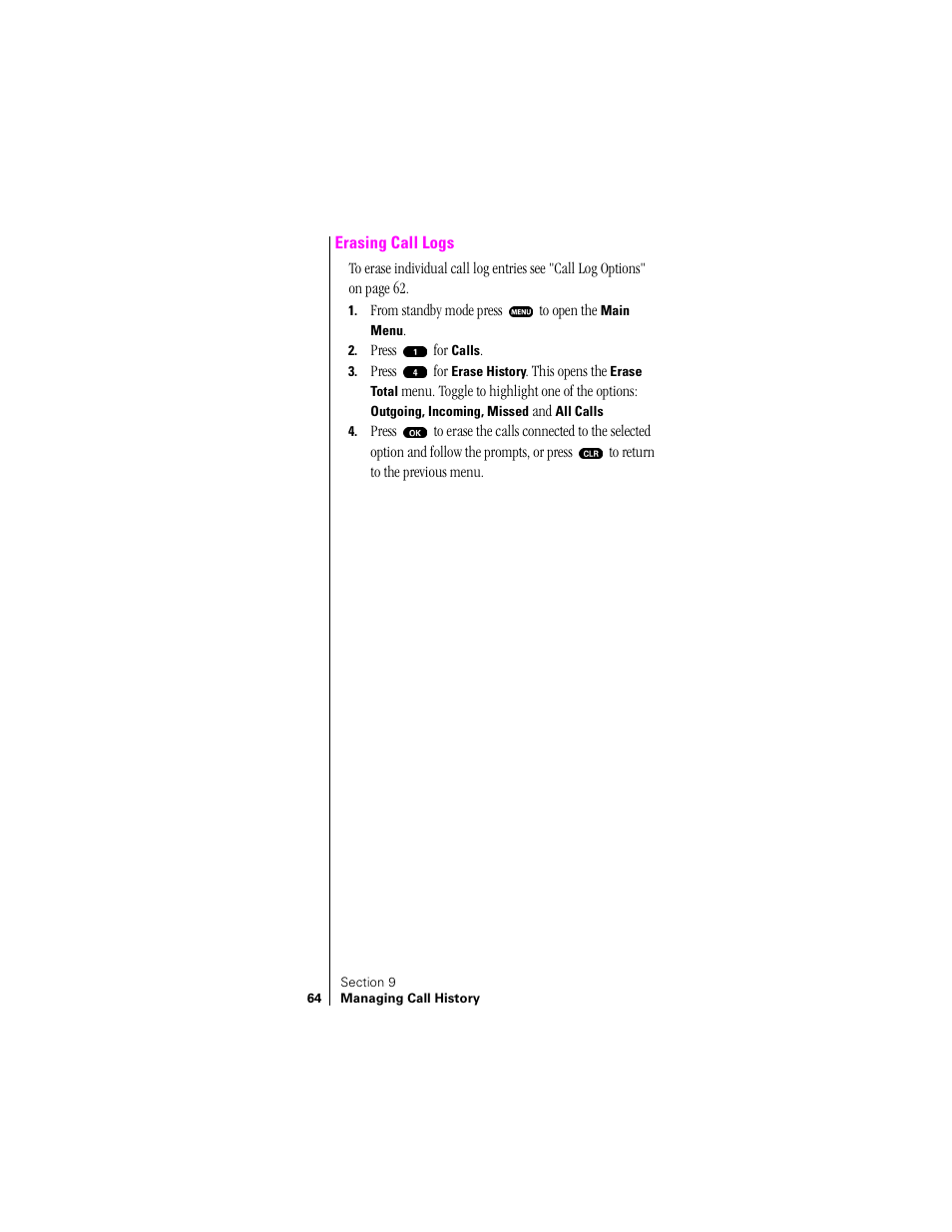 Erasing call logs | Samsung SPH-N200 User Manual | Page 66 / 152