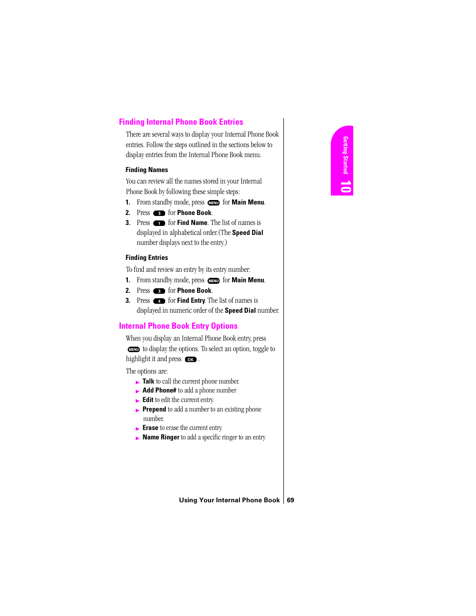 Finding internal phone book entries, Internal phone book entry options | Samsung SPH-N200 User Manual | Page 71 / 152