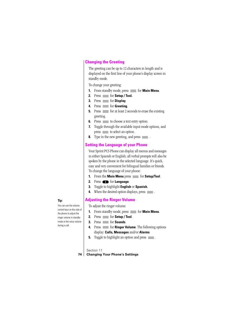 Changing the greeting, Setting the language of your phone, Adjusting the ringer volume | Samsung SPH-N200 User Manual | Page 76 / 152