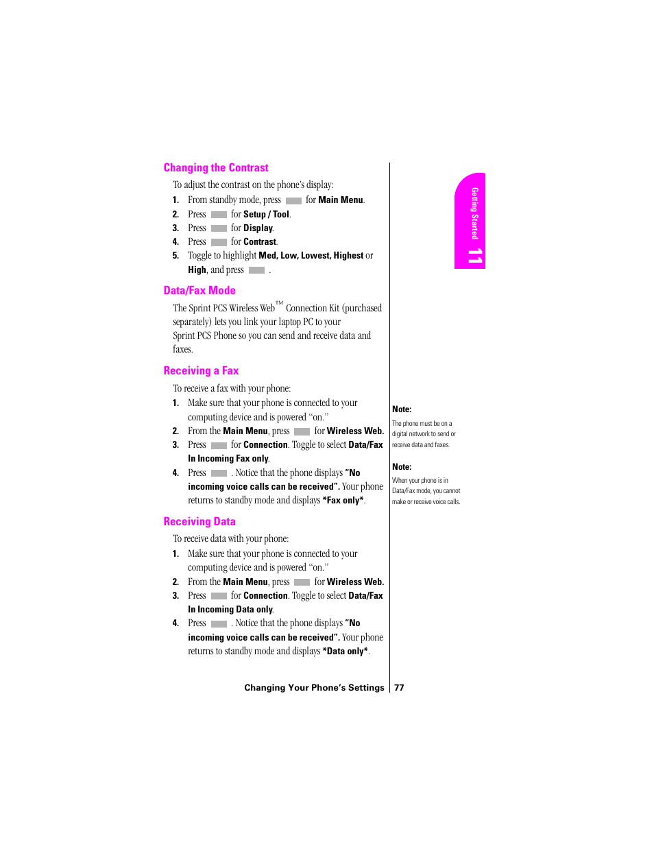 Changing the contrast, Data/fax mode, Receiving a fax | Receiving data | Samsung SPH-N200 User Manual | Page 79 / 152