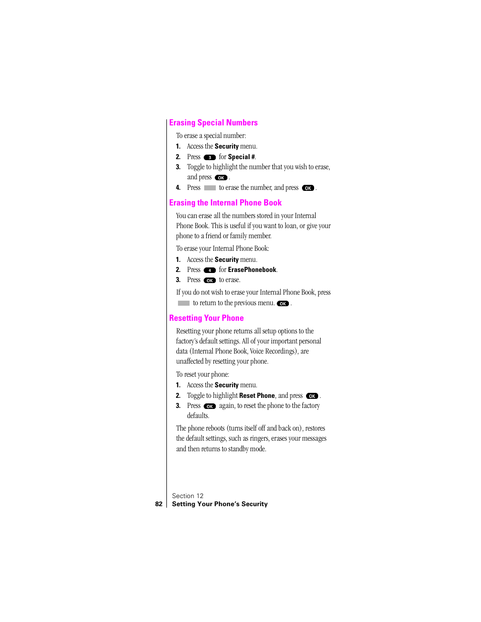 Erasing special numbers, Erasing the internal phone book, Resetting your phone | Samsung SPH-N200 User Manual | Page 84 / 152