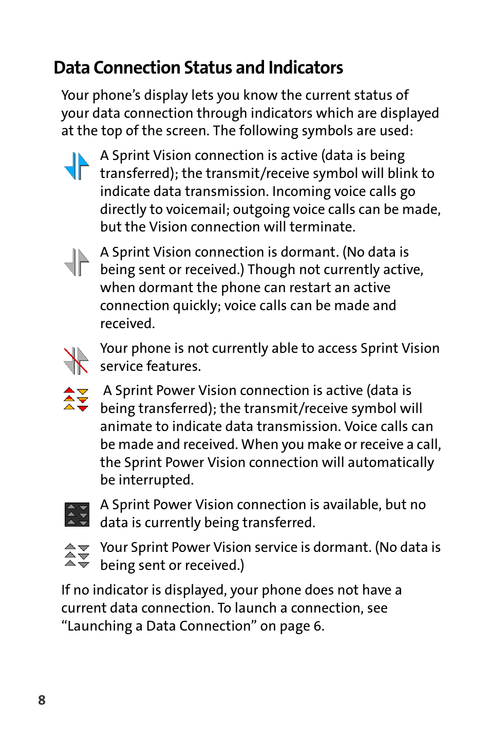 Data connection status and indicators | Sprint Nextel m620 User Manual | Page 12 / 64