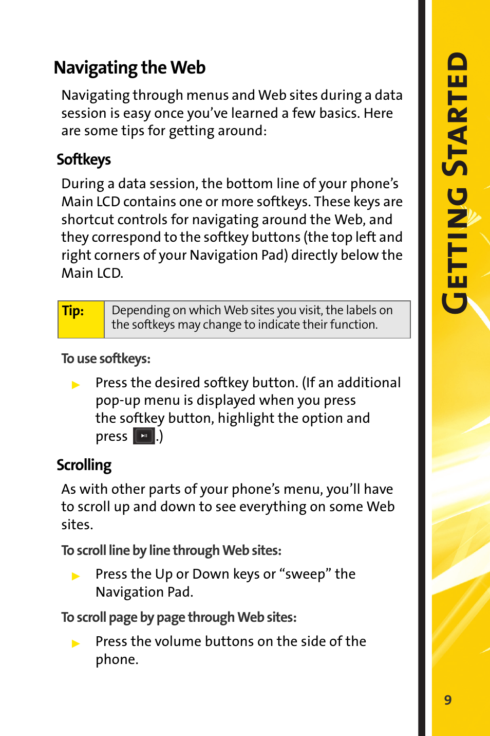 Navigating the web, Softkeys, Scrolling | Getti ng s tar ted | Sprint Nextel m620 User Manual | Page 13 / 64