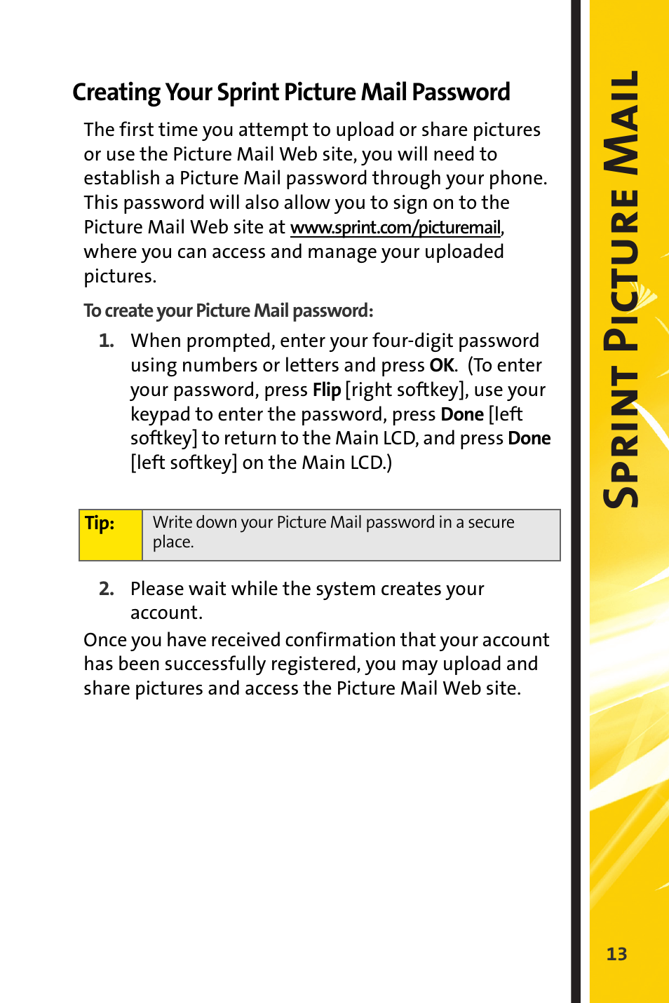 Creating your sprint picture mail password, Spri n t picture mai l | Sprint Nextel m620 User Manual | Page 17 / 64