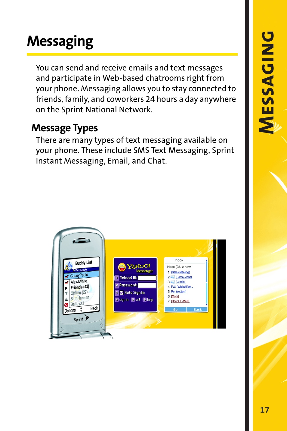 Messaging, Message types, Mess a g in g | Sprint Nextel m620 User Manual | Page 21 / 64