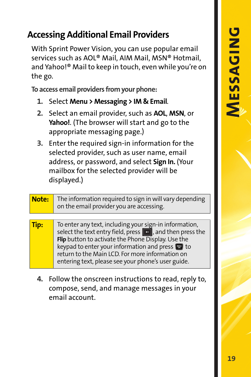 Accessing additional email providers, Mess a g in g | Sprint Nextel m620 User Manual | Page 23 / 64