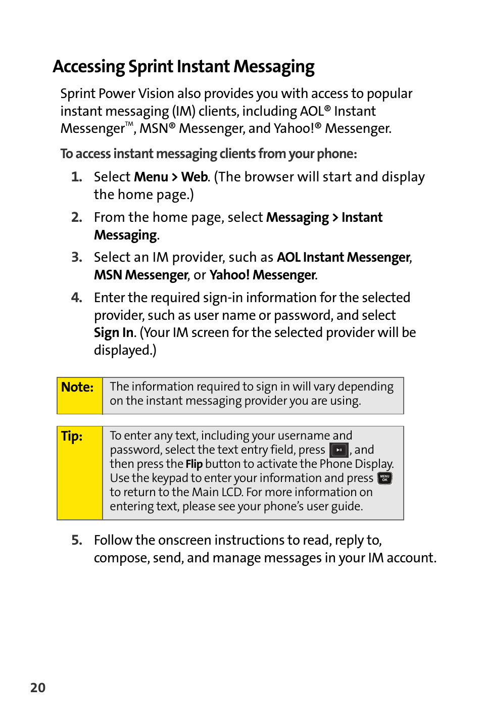 Accessing sprint instant messaging | Sprint Nextel m620 User Manual | Page 24 / 64