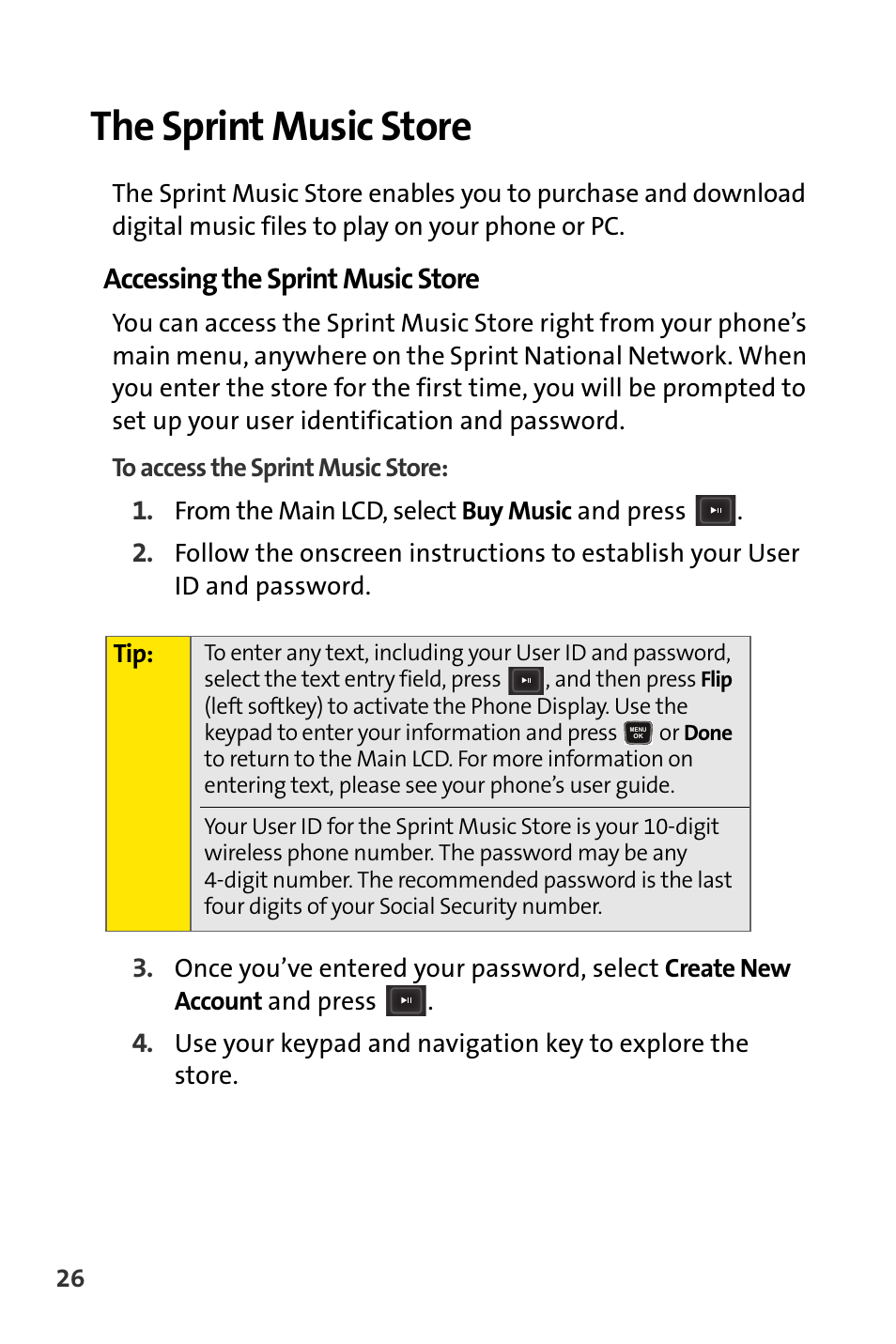 The sprint music store, Accessing the sprint music store | Sprint Nextel m620 User Manual | Page 30 / 64