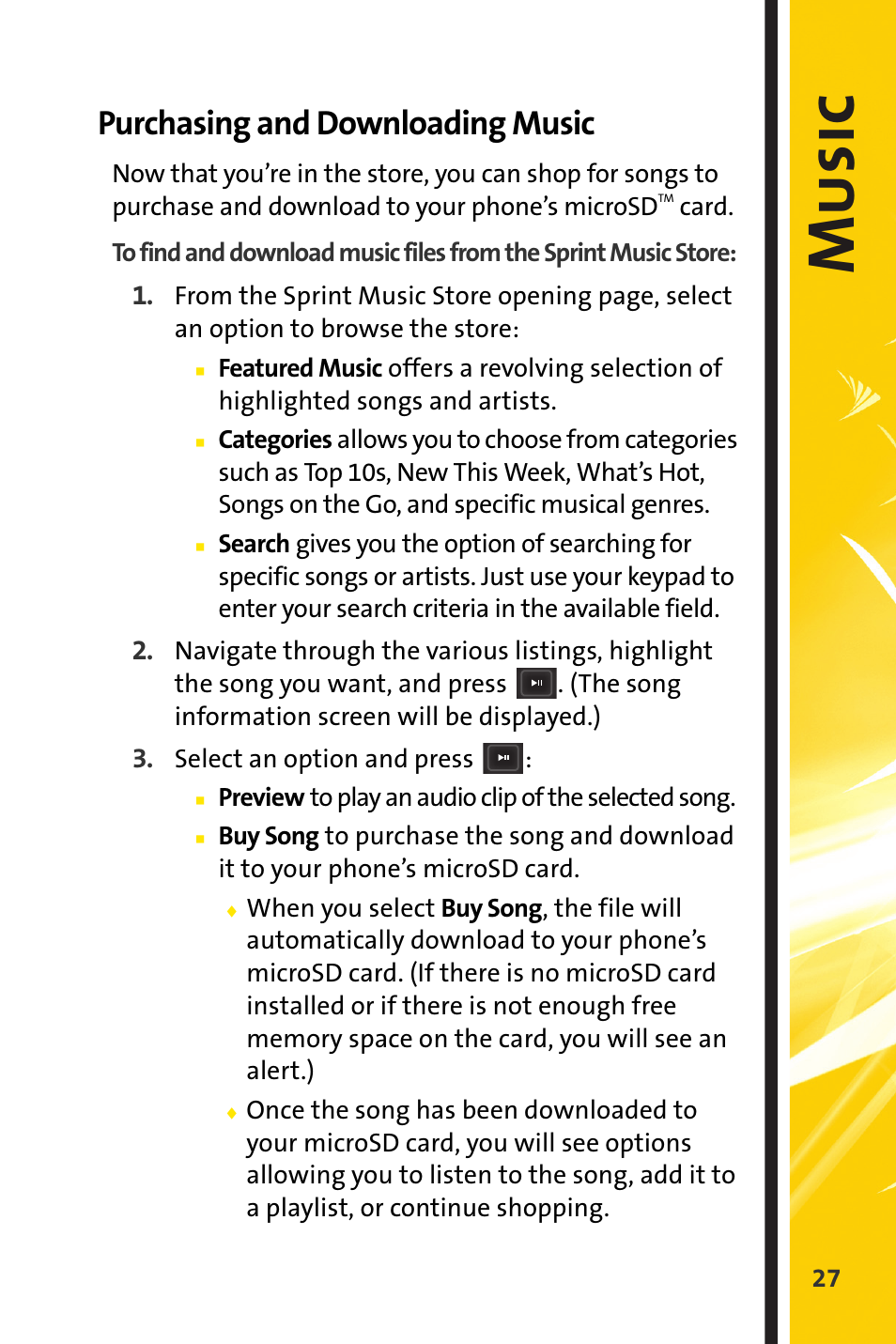 Purchasing and downloading music, Music | Sprint Nextel m620 User Manual | Page 31 / 64