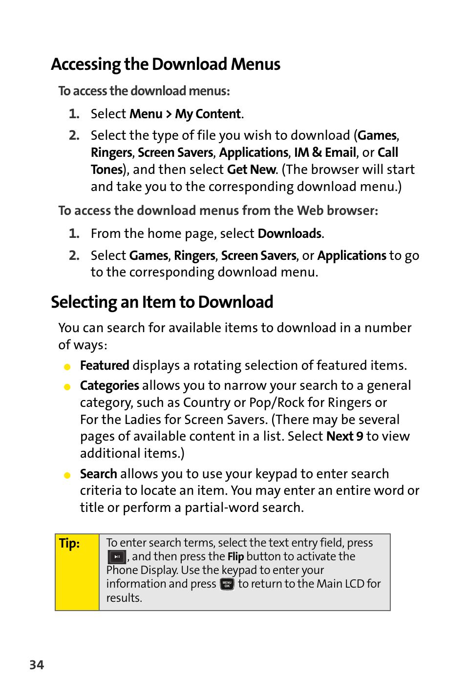 Accessing the download menus, Selecting an item to download | Sprint Nextel m620 User Manual | Page 38 / 64