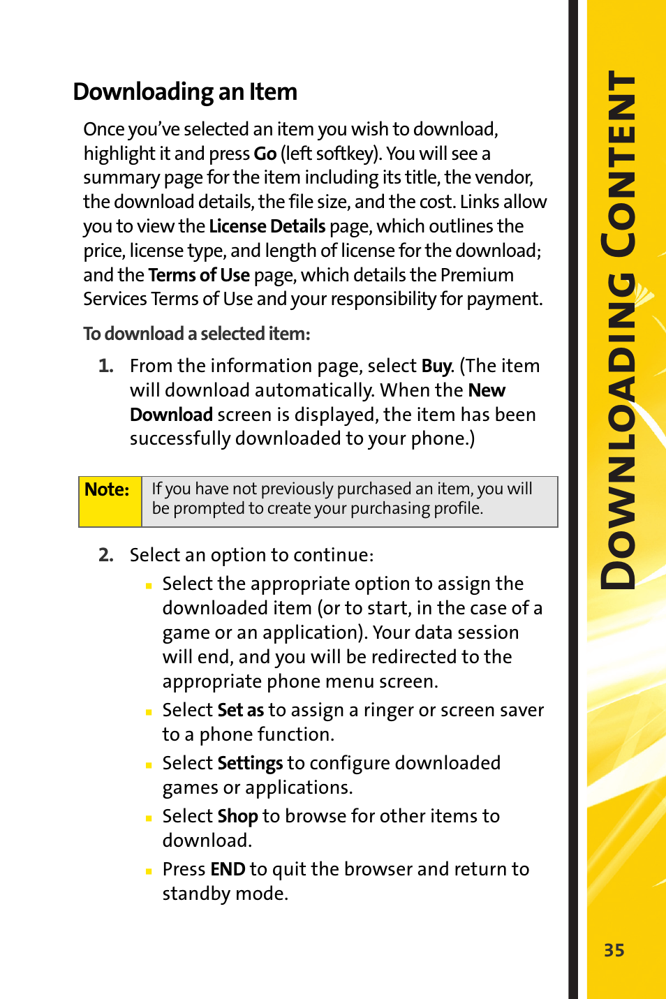 Downloading an item, Down lo adi ng c o ntent | Sprint Nextel m620 User Manual | Page 39 / 64